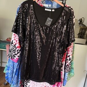 Joan Rivers Black Sequin Short Sleeve Top Brand New Large